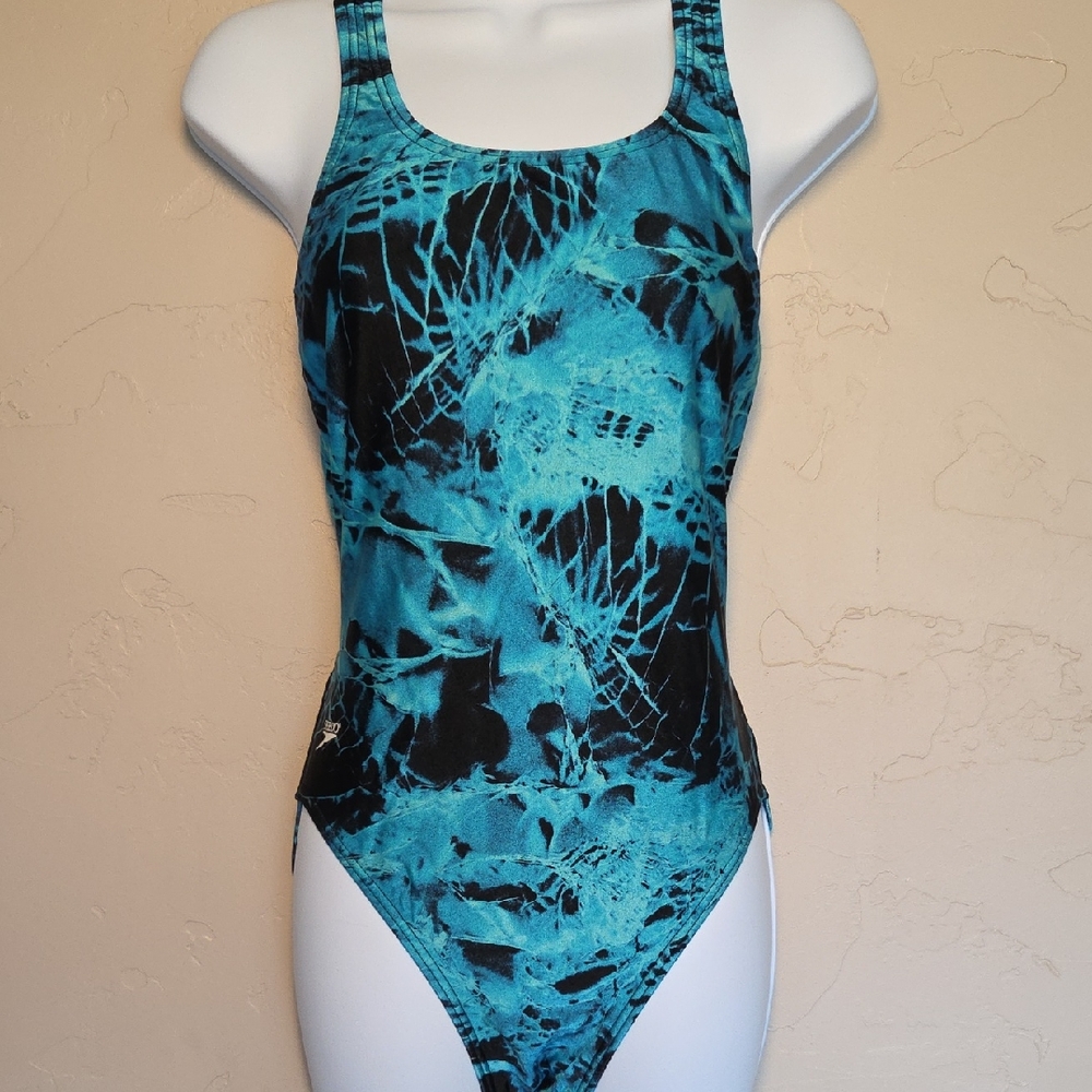 Speedo Teal and Black Patterned One-Piece Swimsuit Size M